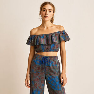 J. Crew Cropped Multi Print Ruffled Top & Pull On Wide Leg Pant Set Womens Sz M